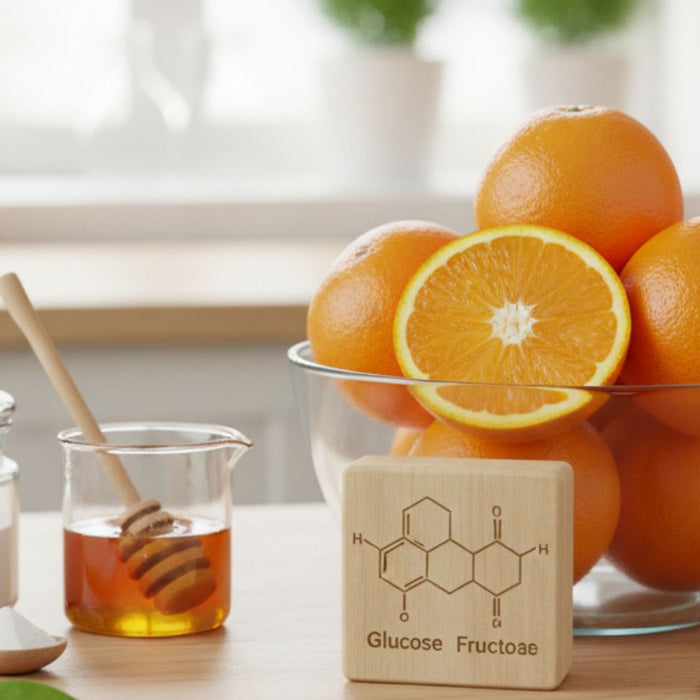 Glass bowl of sliced oranges beside sugar jar honey and chemistry block