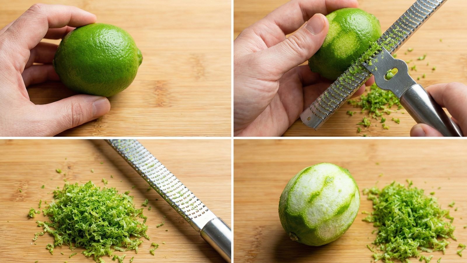 Zesting lime with grater showing peel and finished zest pile