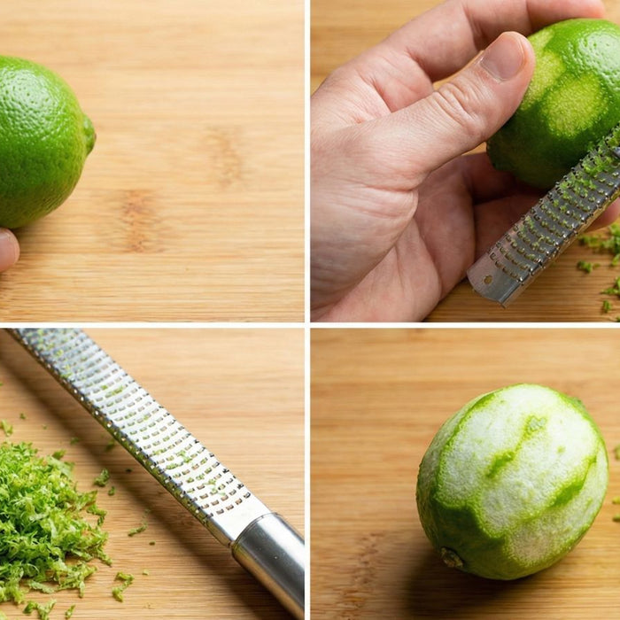 Zesting lime with grater showing peel and finished zest pile