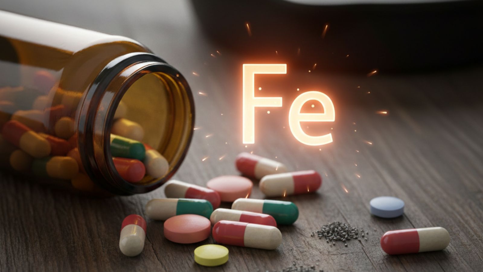 Multivitamins and iron supplements spilling from bottle