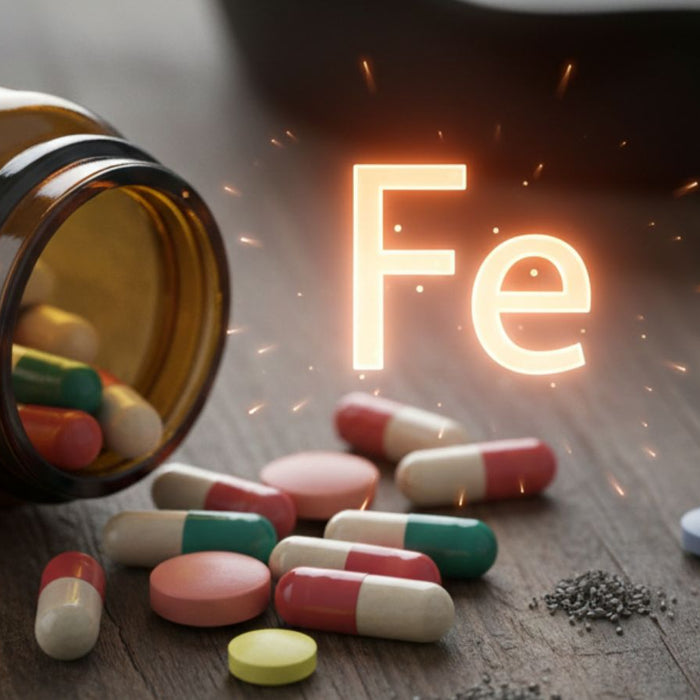 Multivitamins and iron supplements spilling from bottle