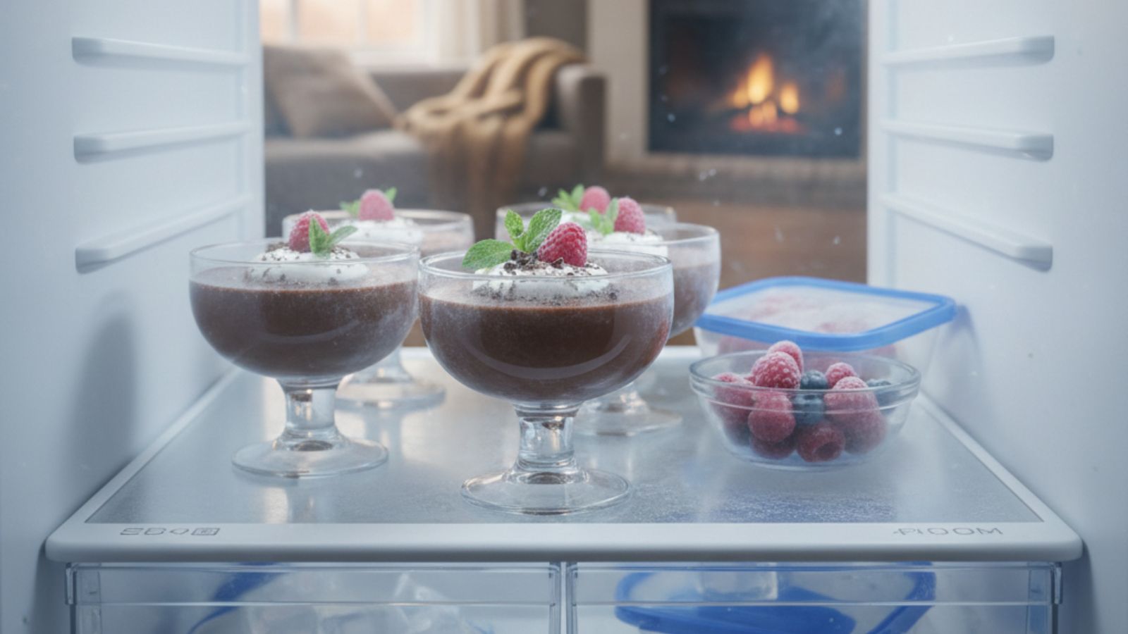 Chocolate pudding cups chilling in refrigerator with berries