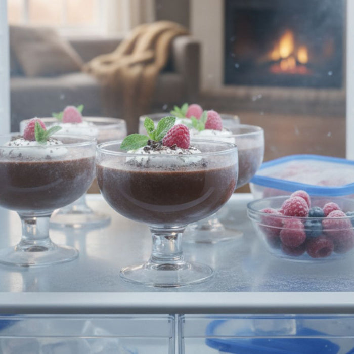 Chocolate pudding cups chilling in refrigerator with berries