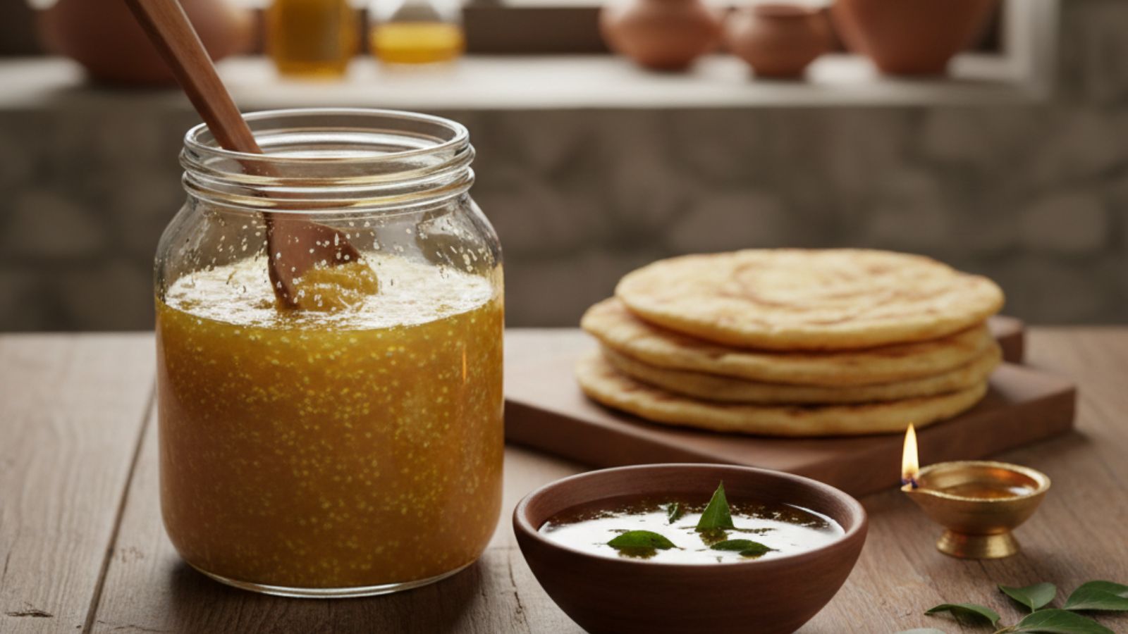 Golden ghee jar with flatbread and traditional meal