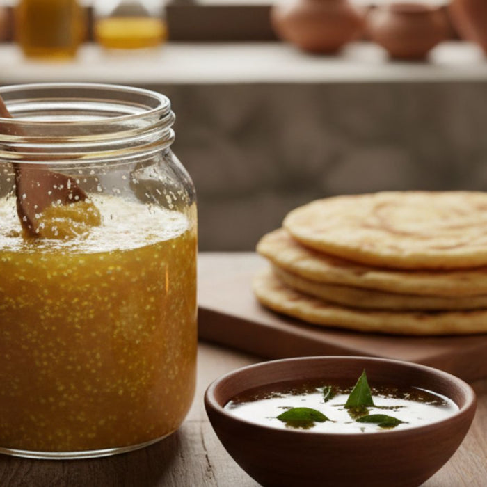 Golden ghee jar with flatbread and traditional meal