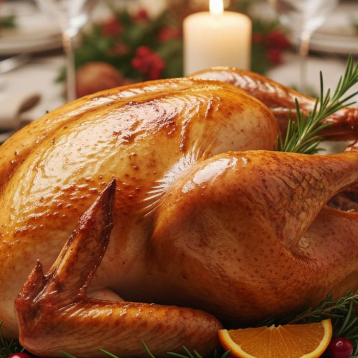 Roasted turkey served on festive dining table with candles