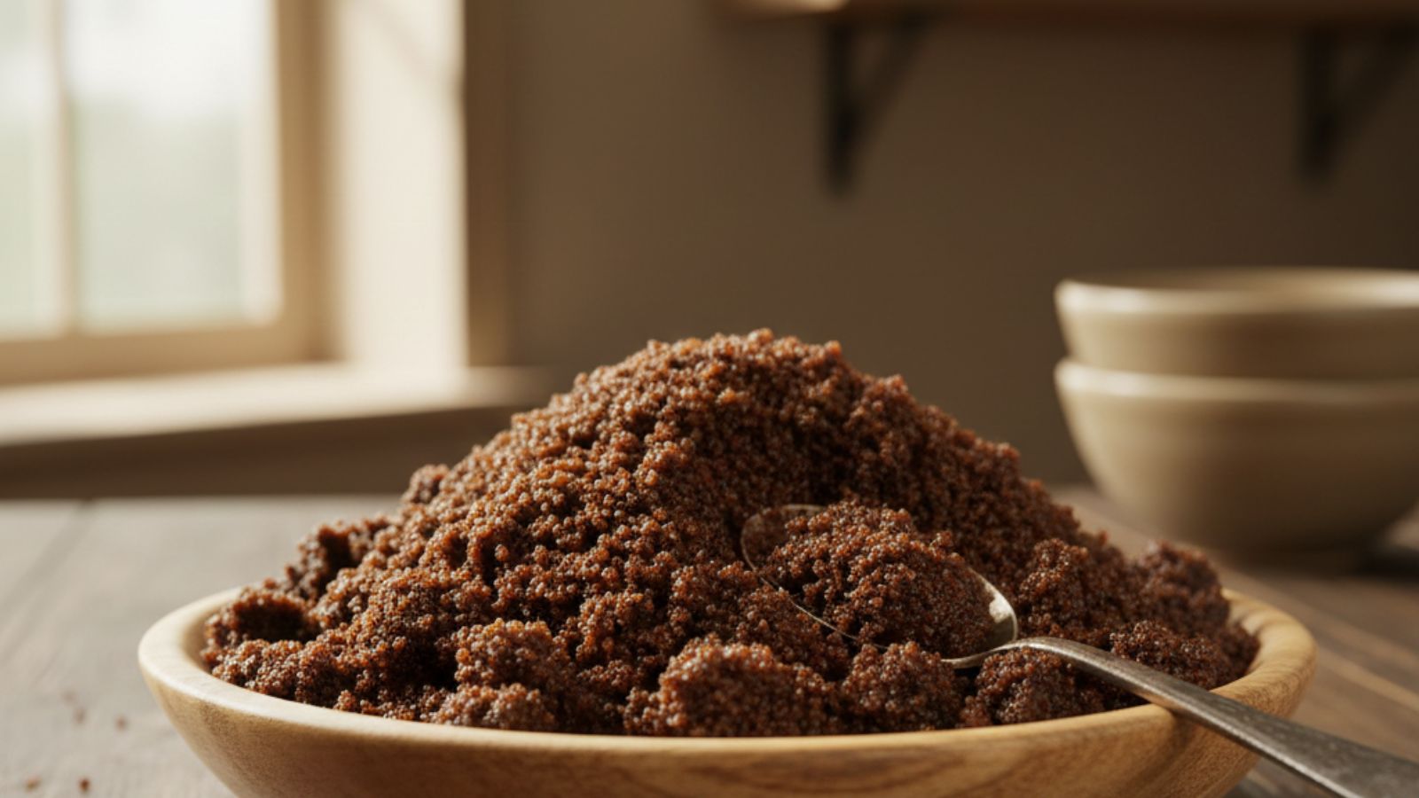 Bowl of brown sugar with spoon on table near window light