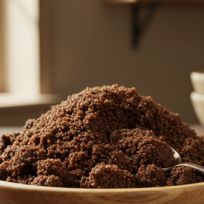 Bowl of brown sugar with spoon on table near window light