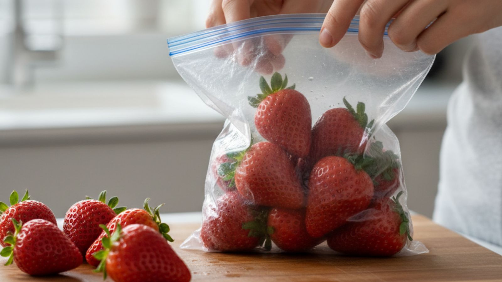 Hands placing fresh strawberries into a resealable plastic bag