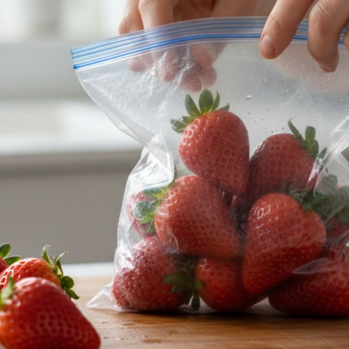 Hands placing fresh strawberries into a resealable plastic bag