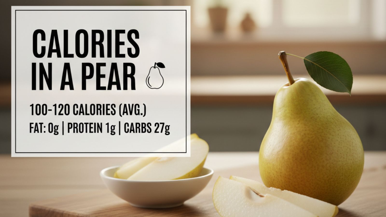 Nutrition graphic showing calories and macros in a pear