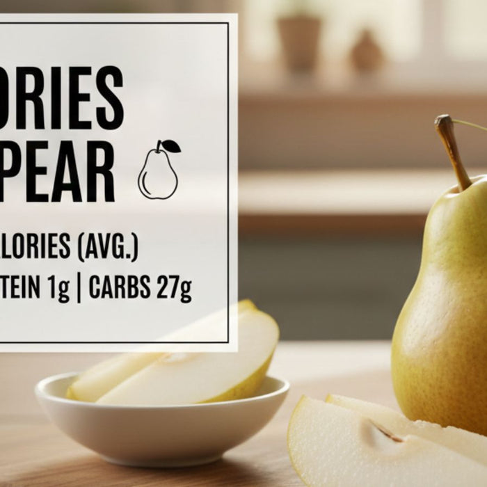 Nutrition graphic showing calories and macros in a pear