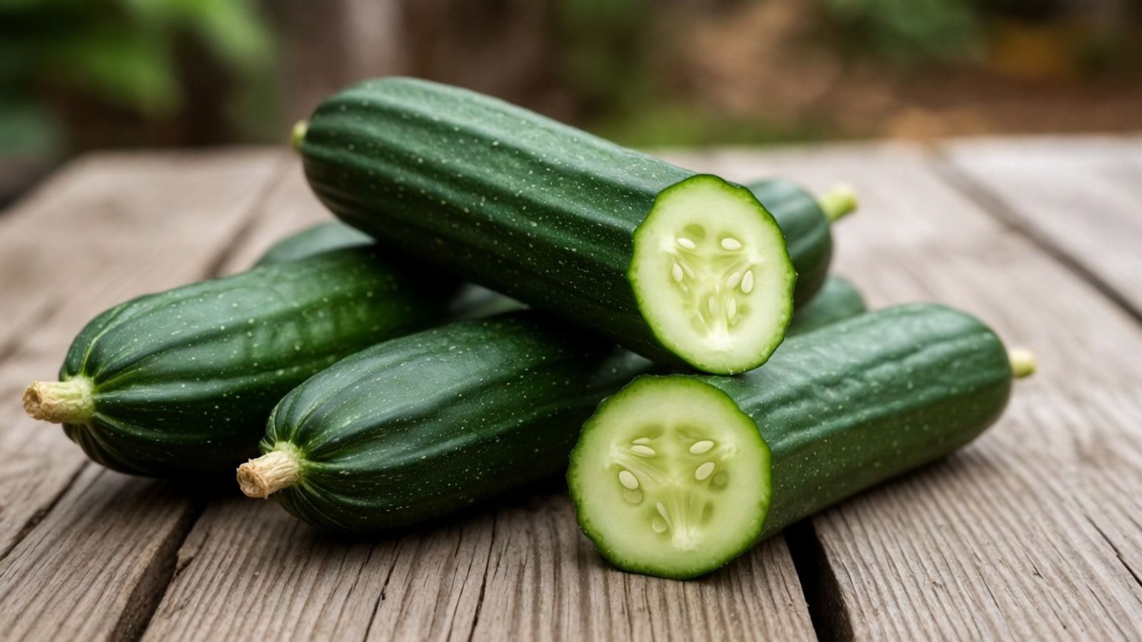 Whole and sliced cucumbers arranged on a rustic wooden tabletop