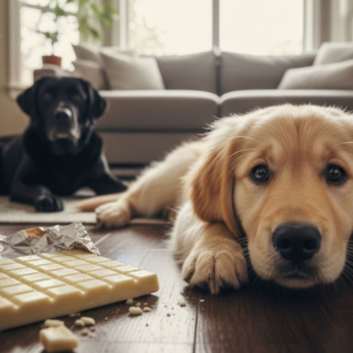 Golden puppy near white chocolate bar with black dog behind