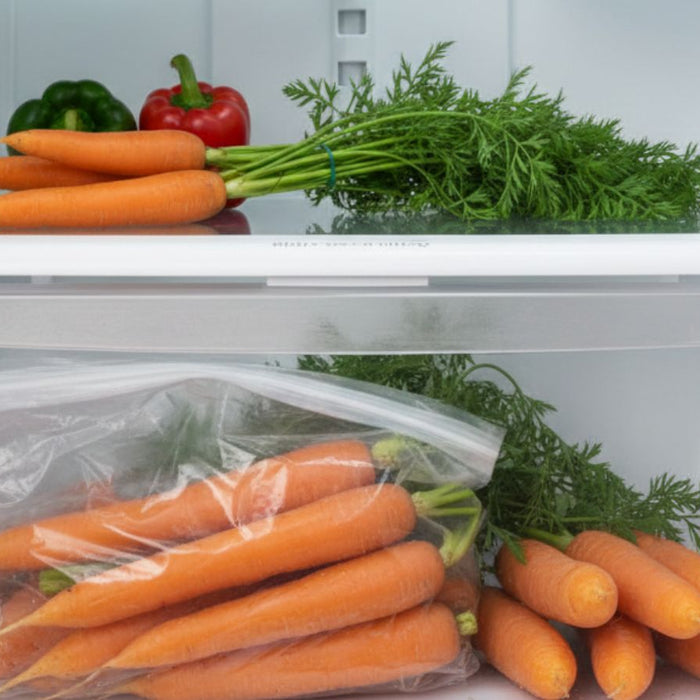 Carrots with green tops stored in refrigerator crisper drawer