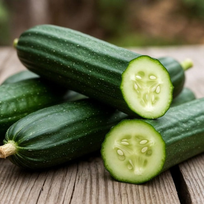 Whole and sliced cucumbers arranged on a rustic wooden tabletop