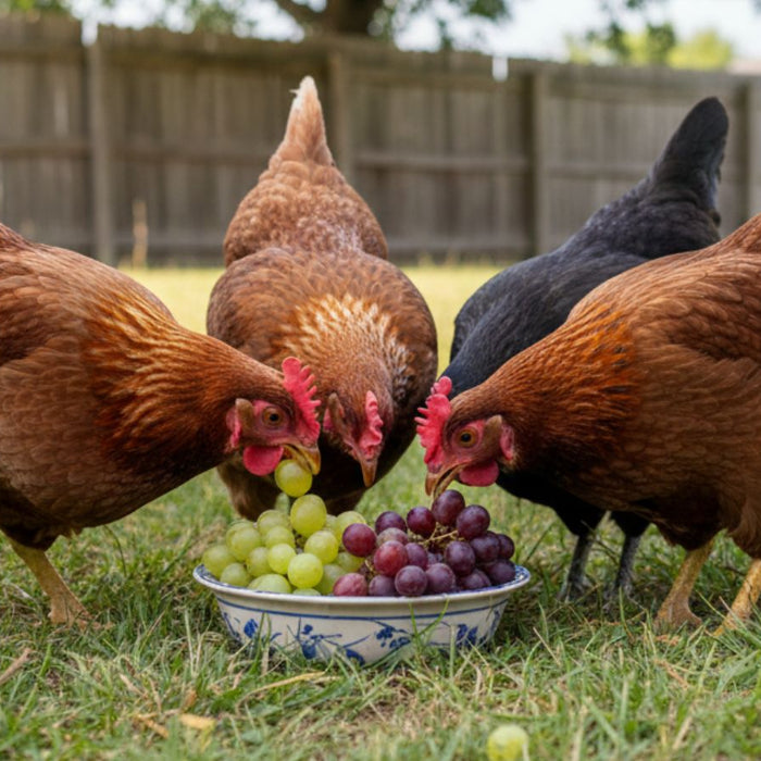 Chickens pecking green and purple grapes from bowl on lawn
