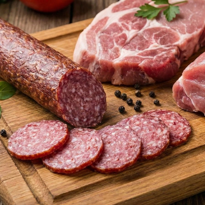 Assorted raw meats and sliced salami on wooden cutting board