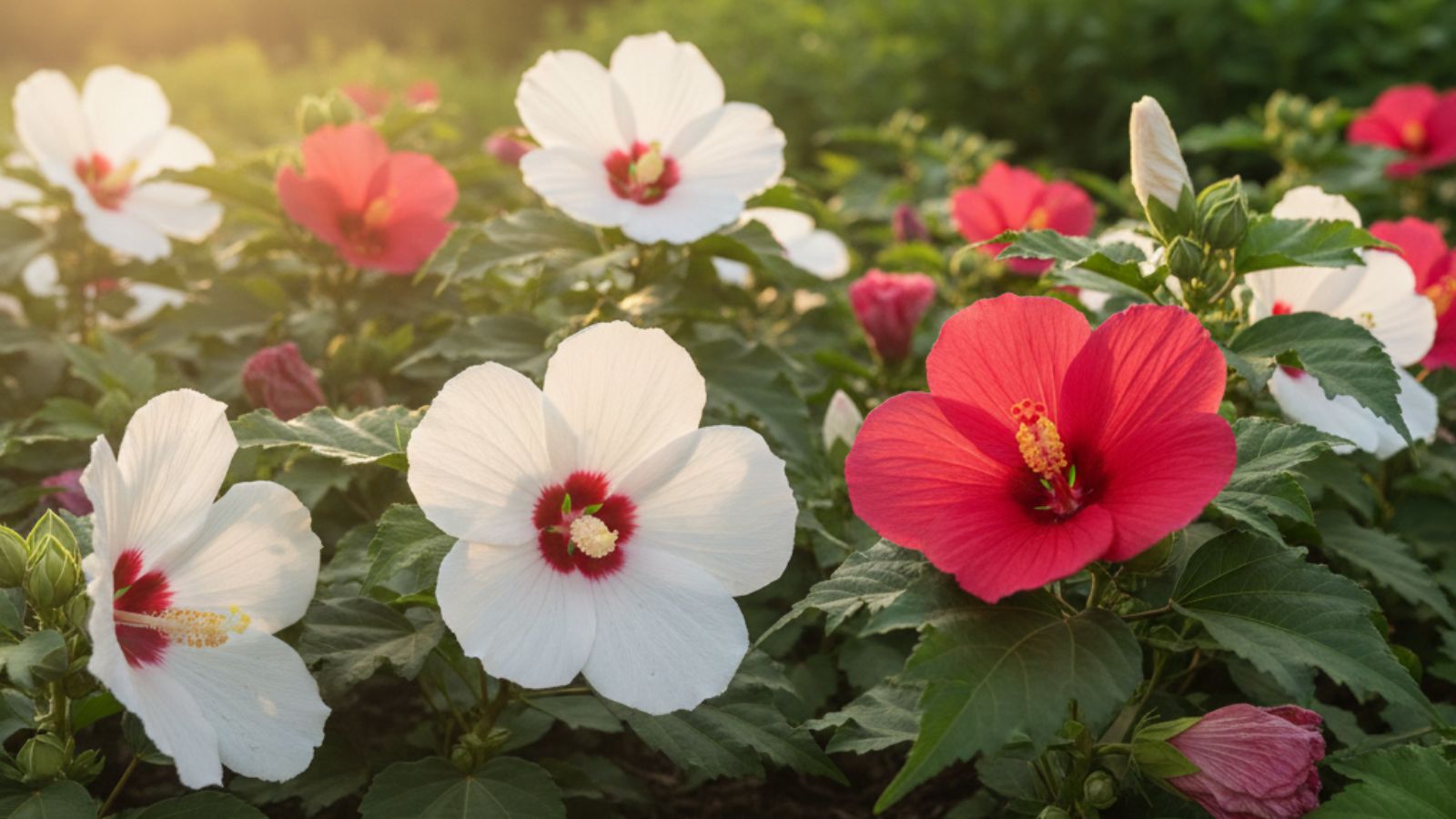 White and red hibiscus flowers glowing in evening sun