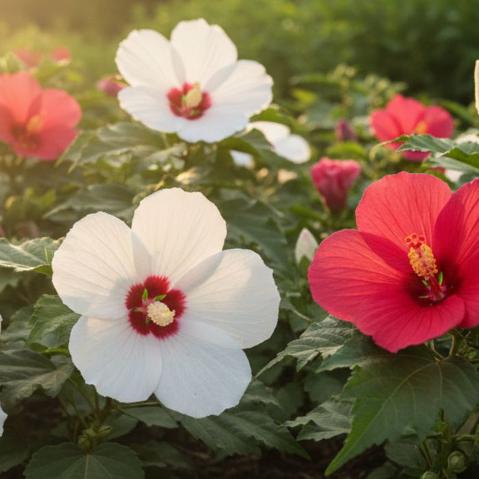 White and red hibiscus flowers glowing in evening sun