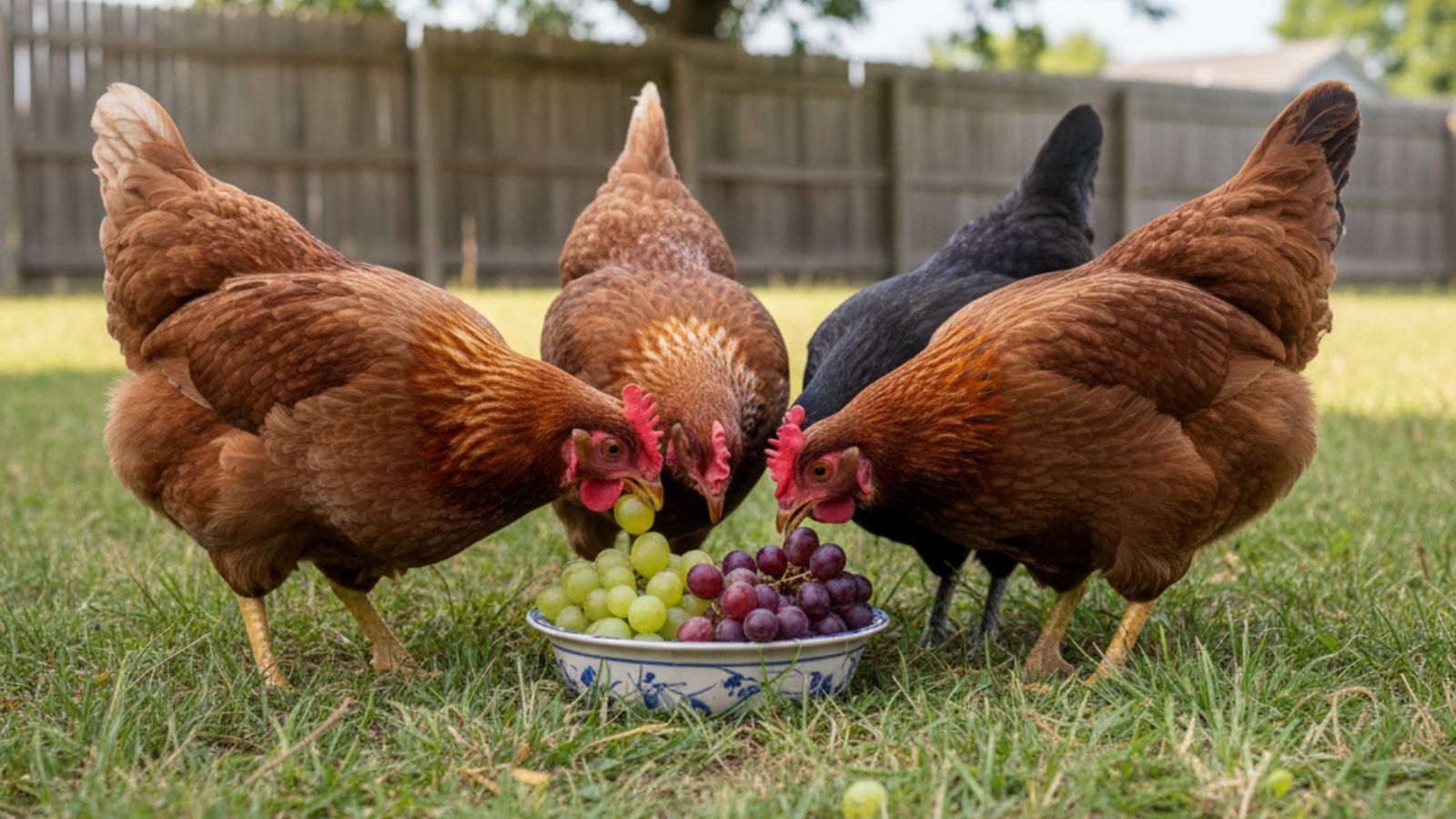 Chickens pecking green and purple grapes from bowl on lawn