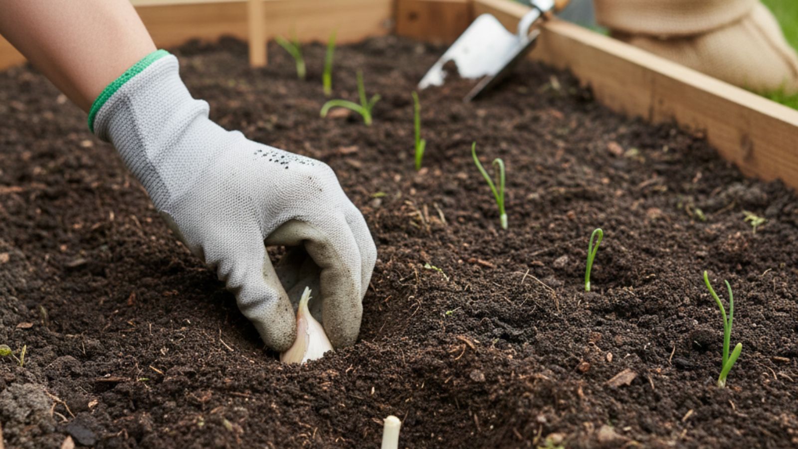 Gardener planting garlic clove into soil in raised garden bed