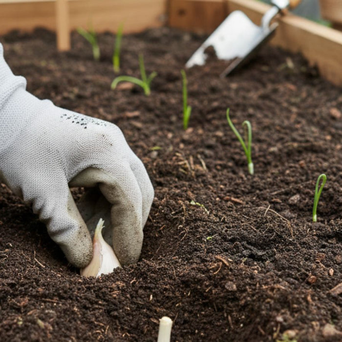 Gardener planting garlic clove into soil in raised garden bed
