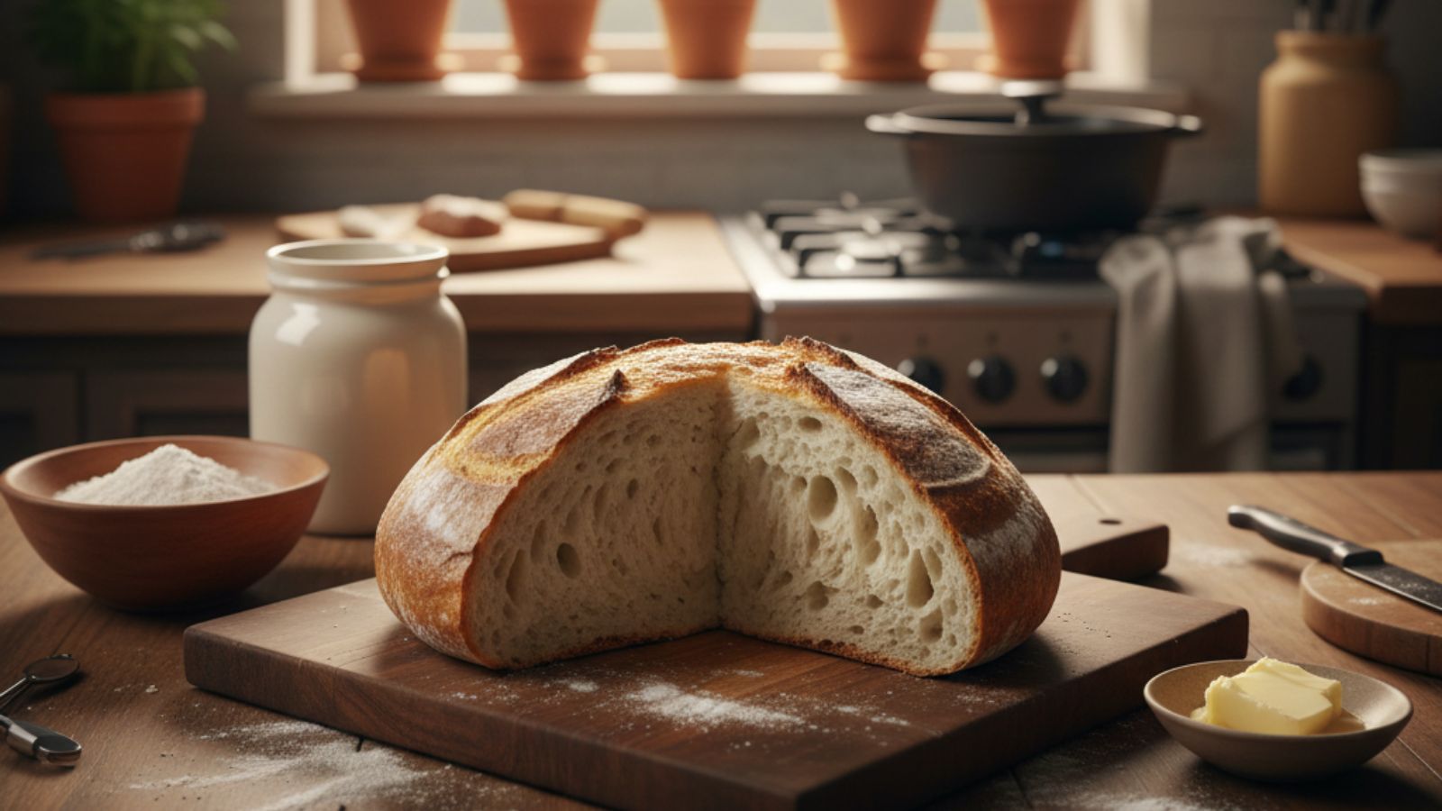 Sourdough bread loaf with butter and flour nearby