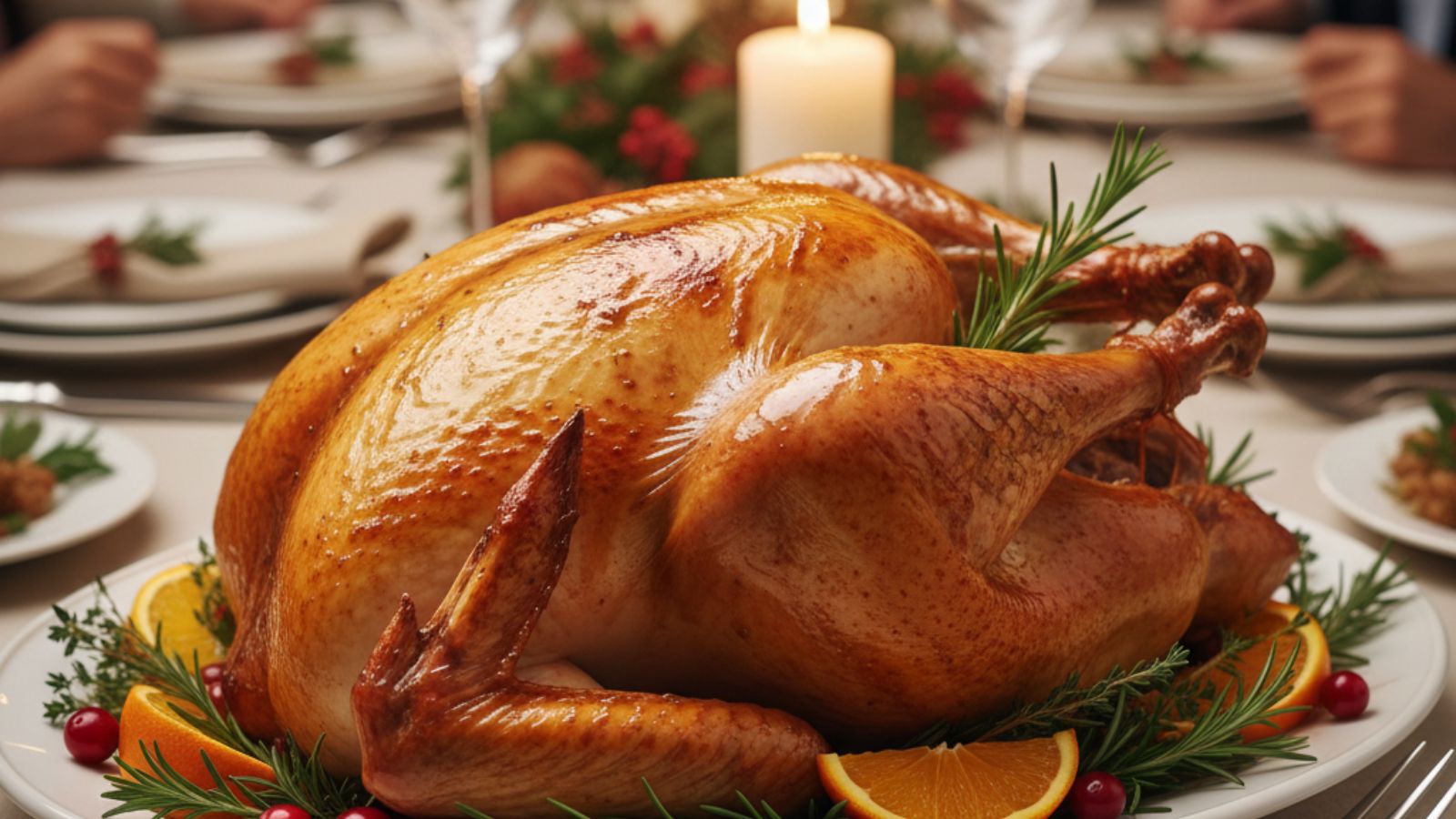 Roasted turkey served on festive dining table with candles