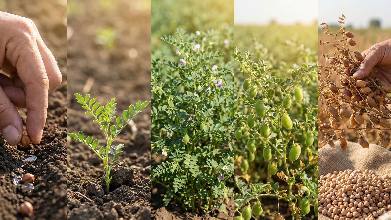 Chickpea growth stages from planting to dried harvest pods