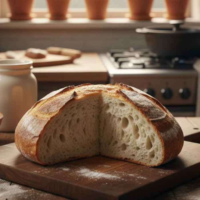 Sourdough bread loaf with butter and flour nearby