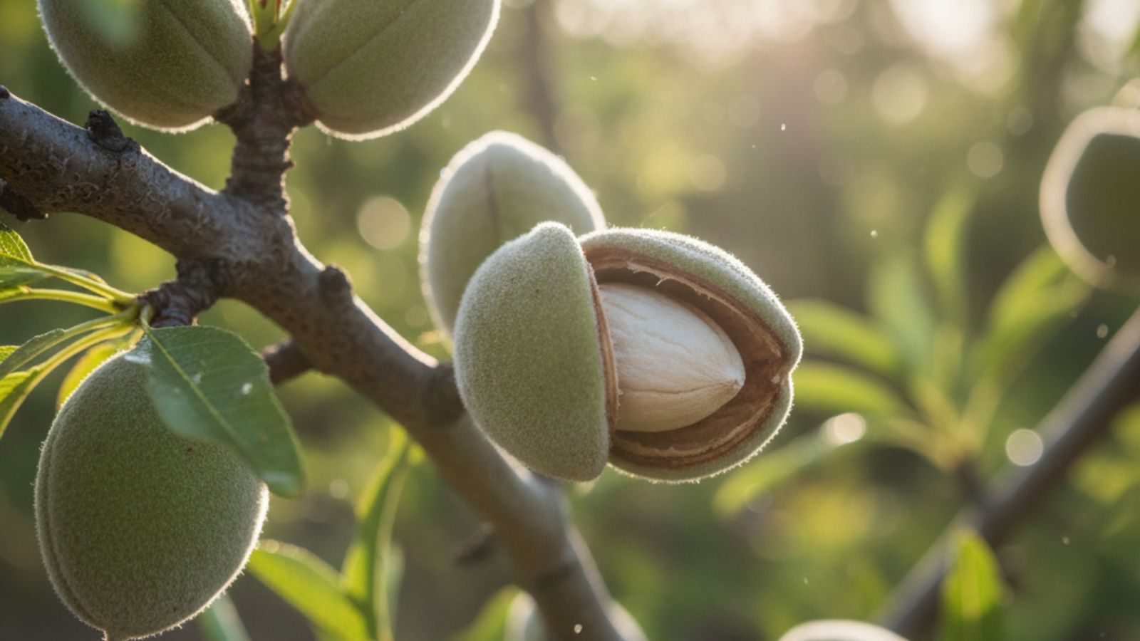 Almond fruit split open on tree branch in sunlight