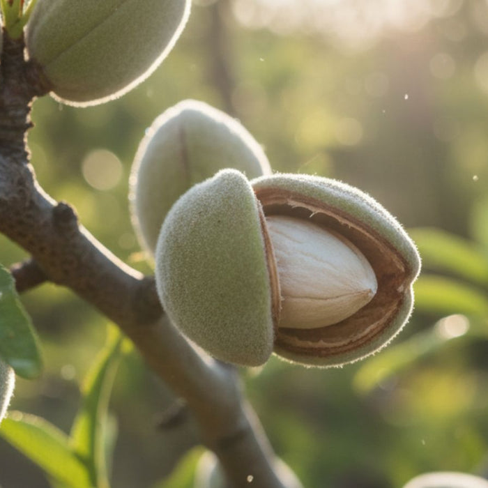 Almond fruit split open on tree branch in sunlight