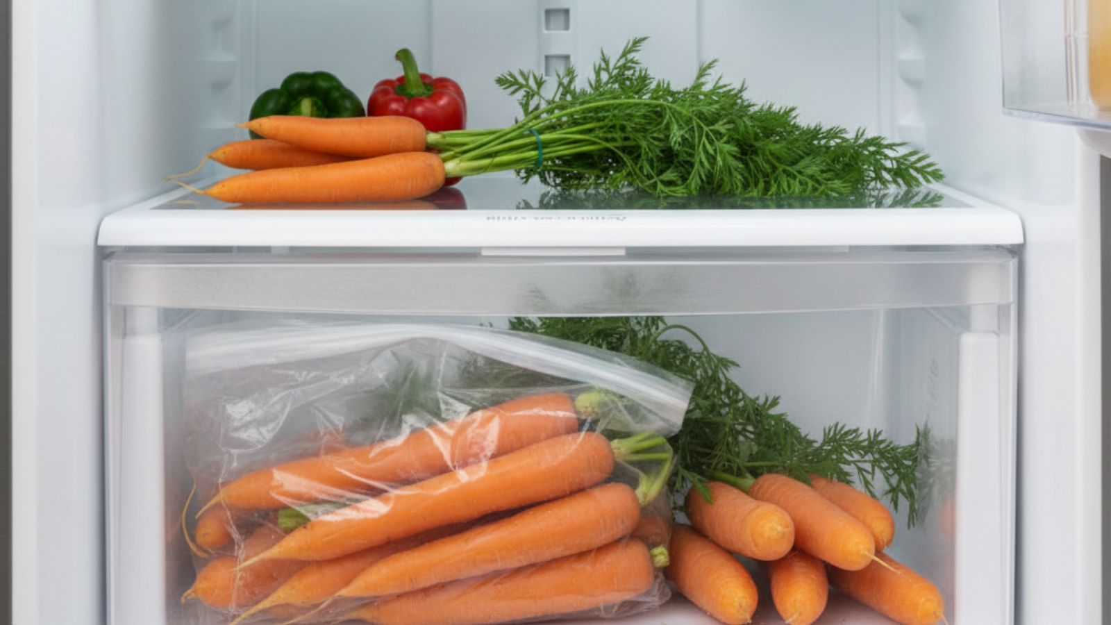 Carrots with green tops stored in refrigerator crisper drawer