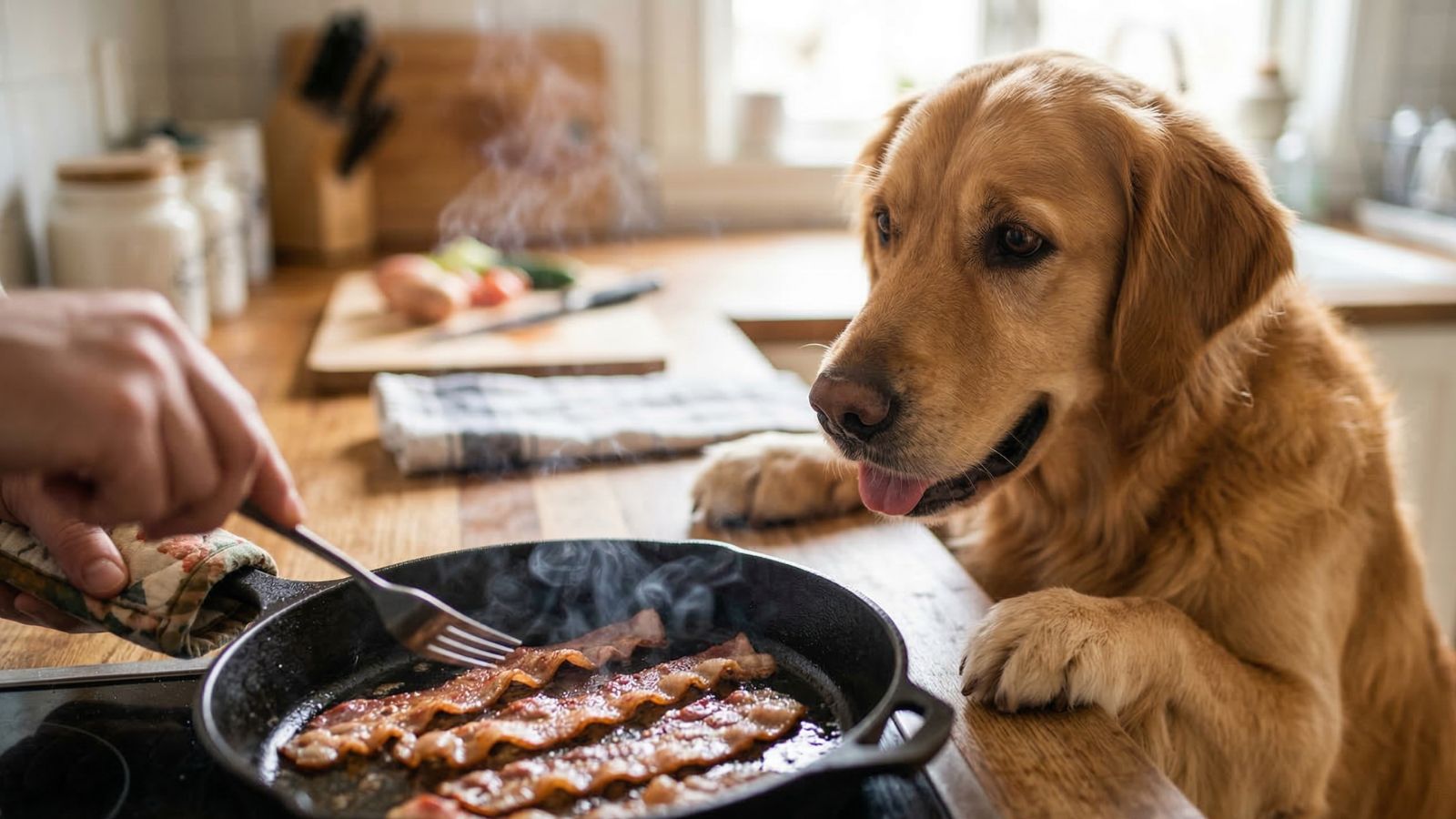 Golden retriever watching bacon fry in skillet