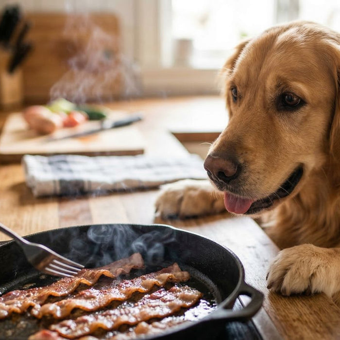 Golden retriever watching bacon fry in skillet