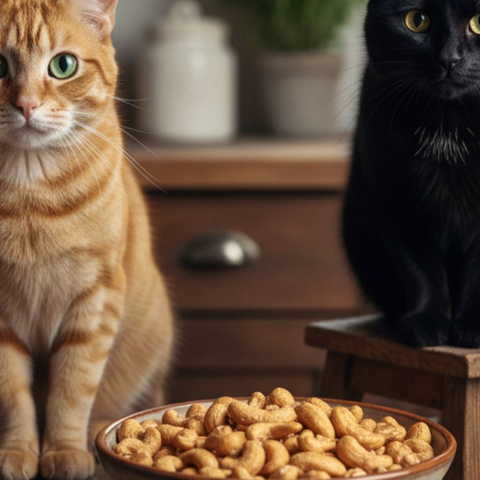 Ginger and black cats sitting beside bowl full of roasted cashews