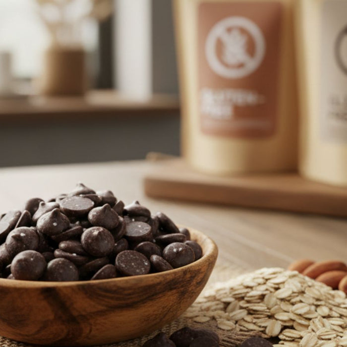 Gluten-free chocolate chips with oats and almonds on wooden table