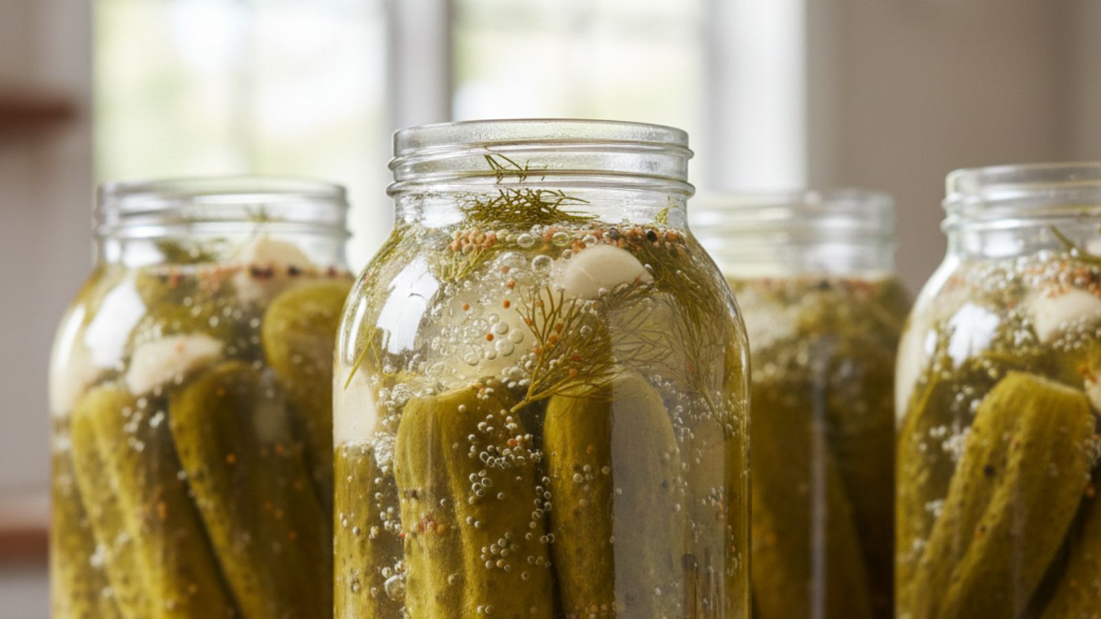 Jars of fermenting pickles with bubbles, dill sprigs and garlic cloves