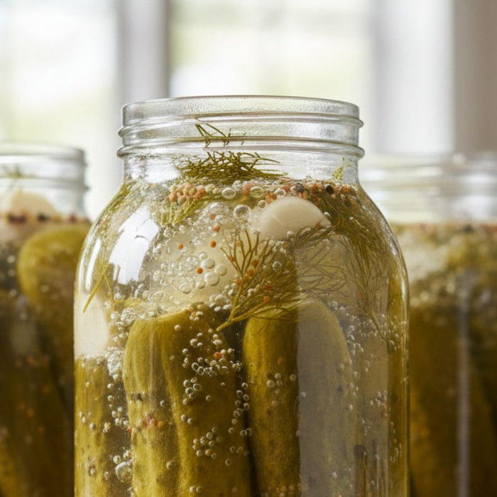 Jars of fermenting pickles with bubbles, dill sprigs and garlic cloves