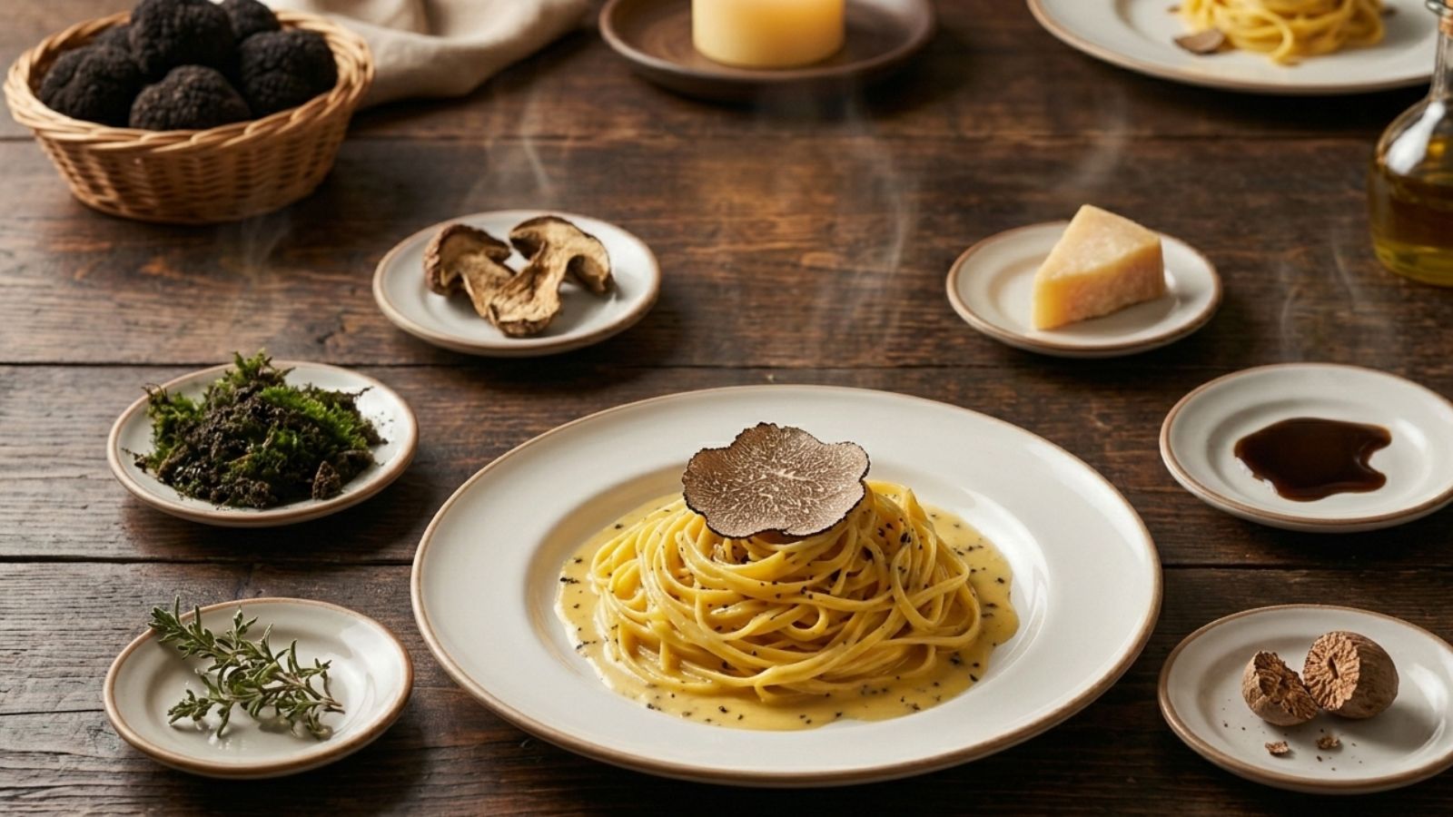 Gourmet truffle pasta with whole black truffles