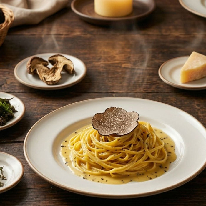 Gourmet truffle pasta with whole black truffles