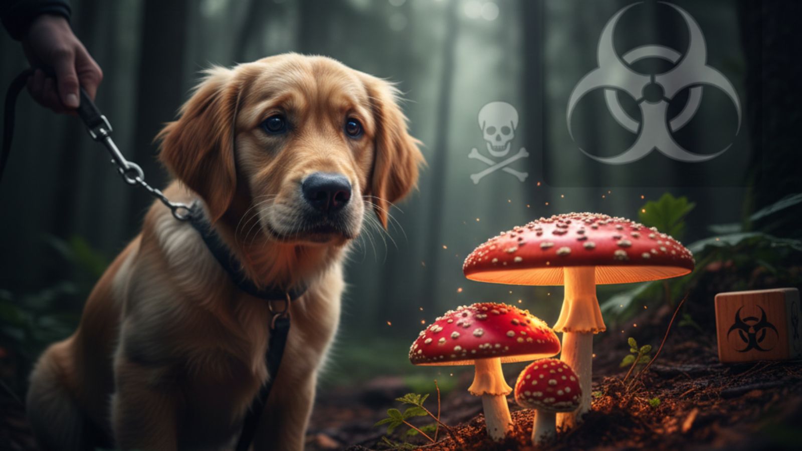 Dog on leash near red mushrooms with biohazard warning symbols