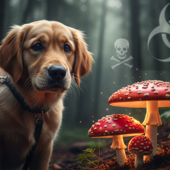 Dog on leash near red mushrooms with biohazard warning symbols