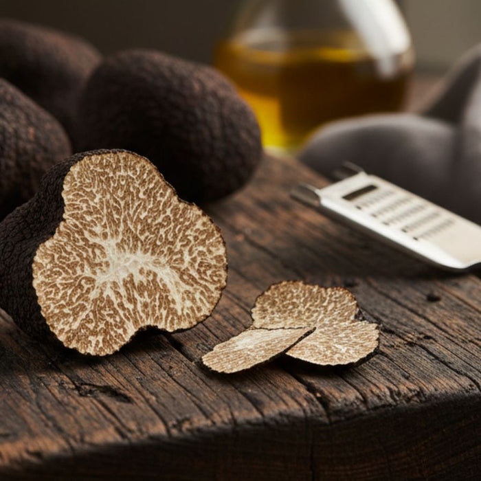 Black truffle halves and slices on rustic wooden board