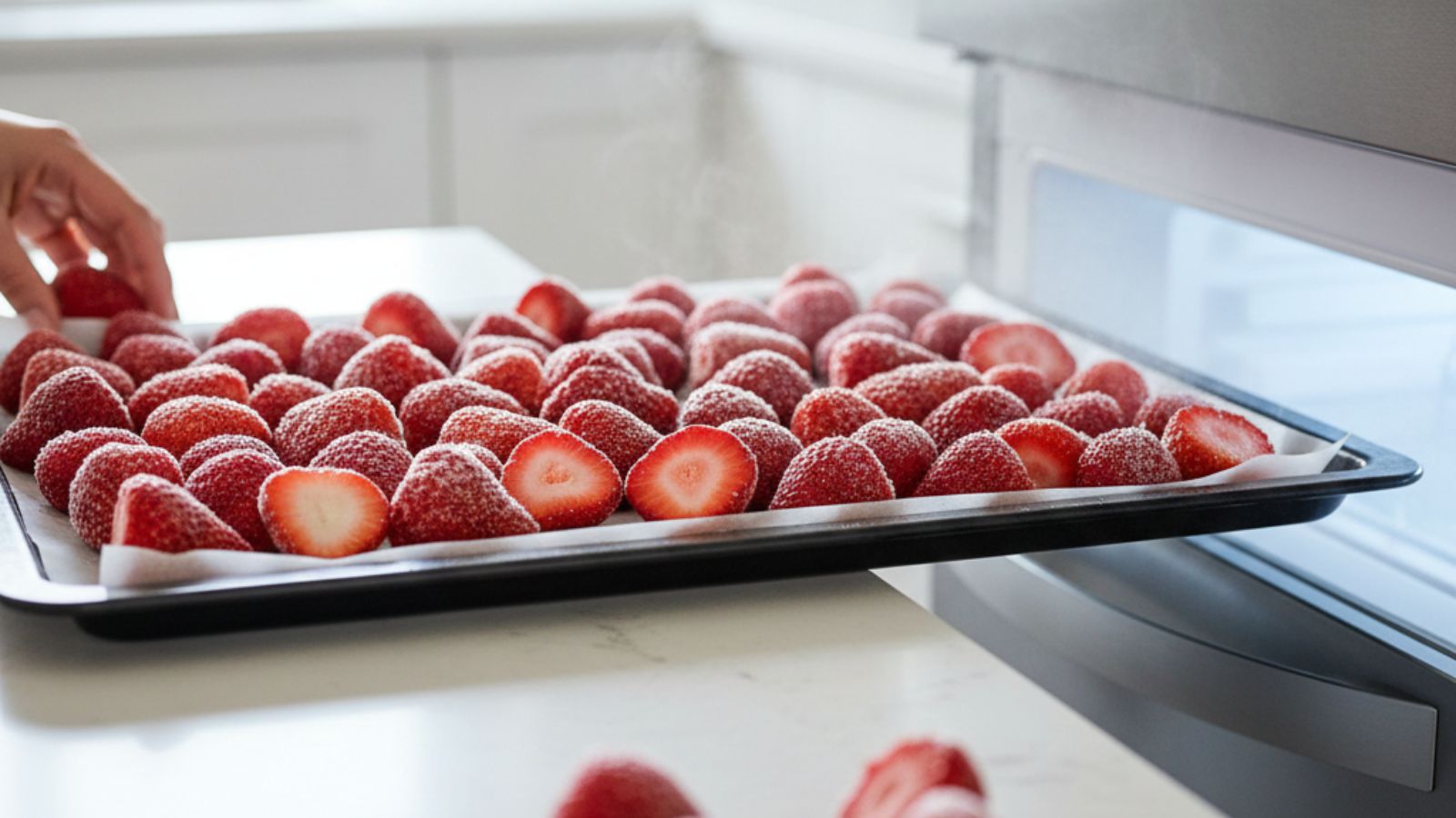 Tray of halved strawberries arranged for freezing inside a freezer