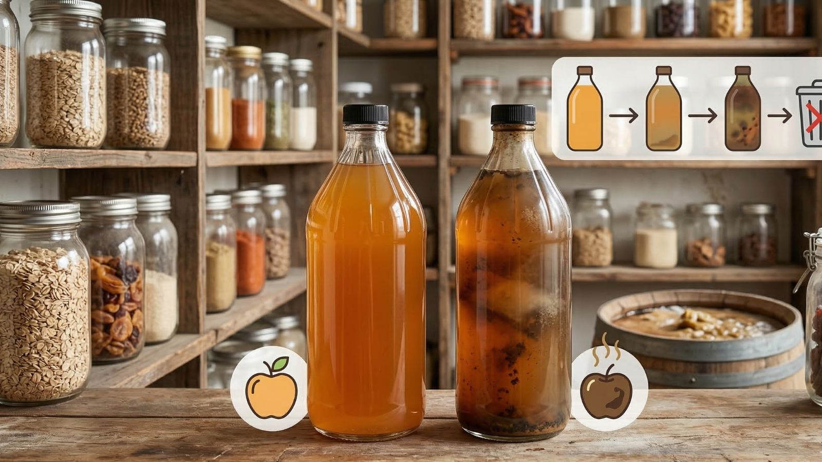 Fresh apple cider beside spoiled vinegar bottle with storage timeline