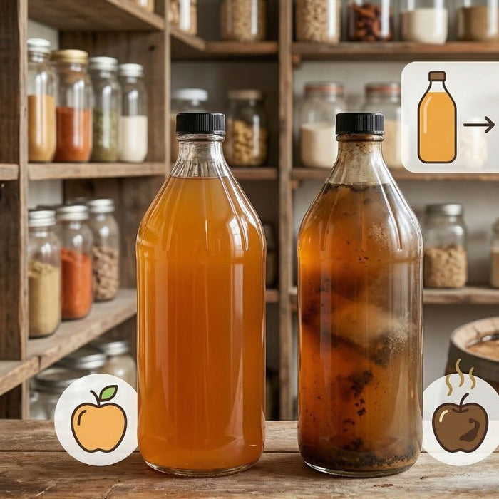 Fresh apple cider beside spoiled vinegar bottle with storage timeline