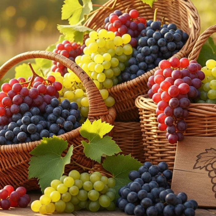 Baskets of colorful grapes arranged outdoors with leaves