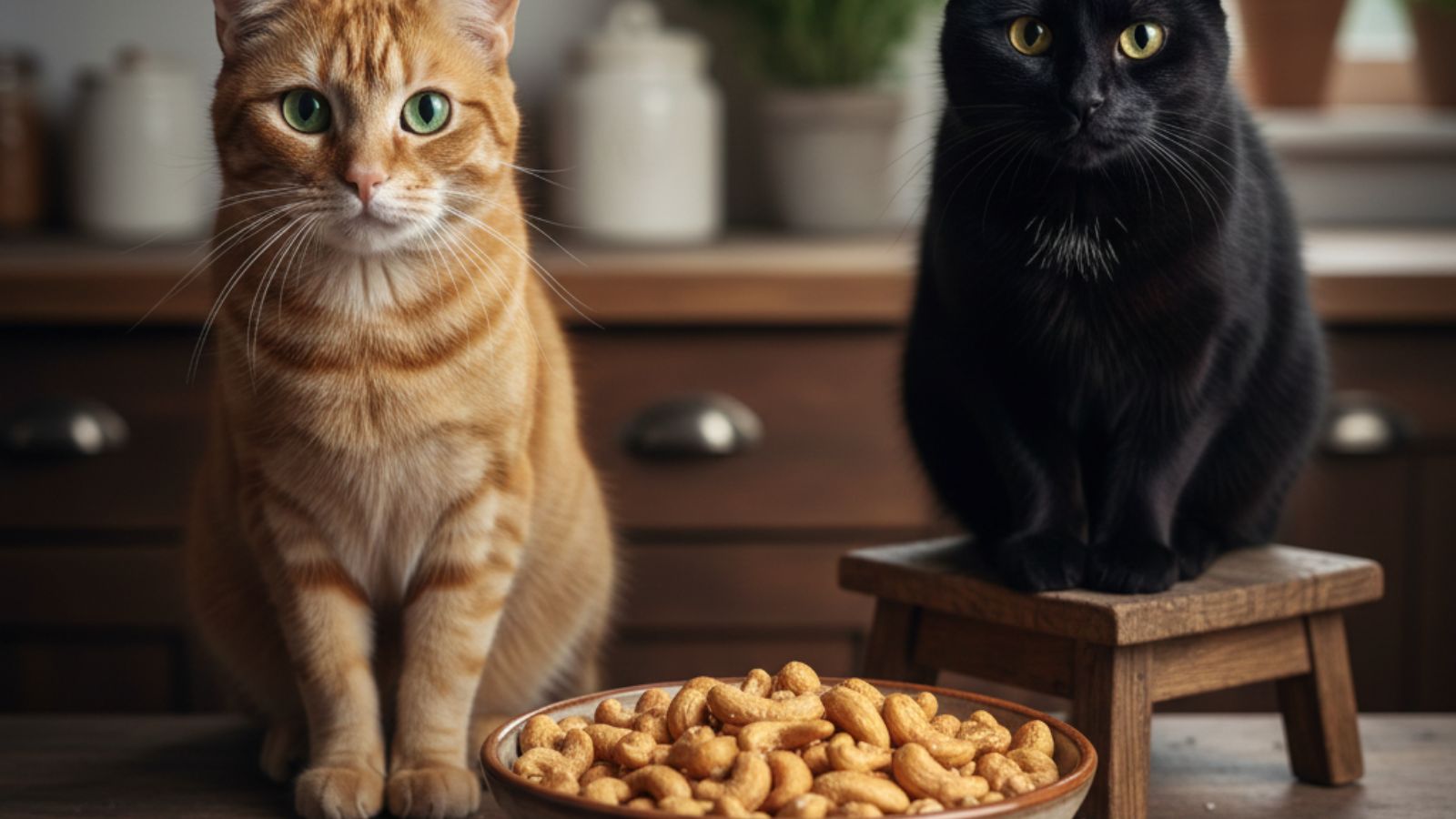Ginger and black cats sitting beside bowl full of roasted cashews